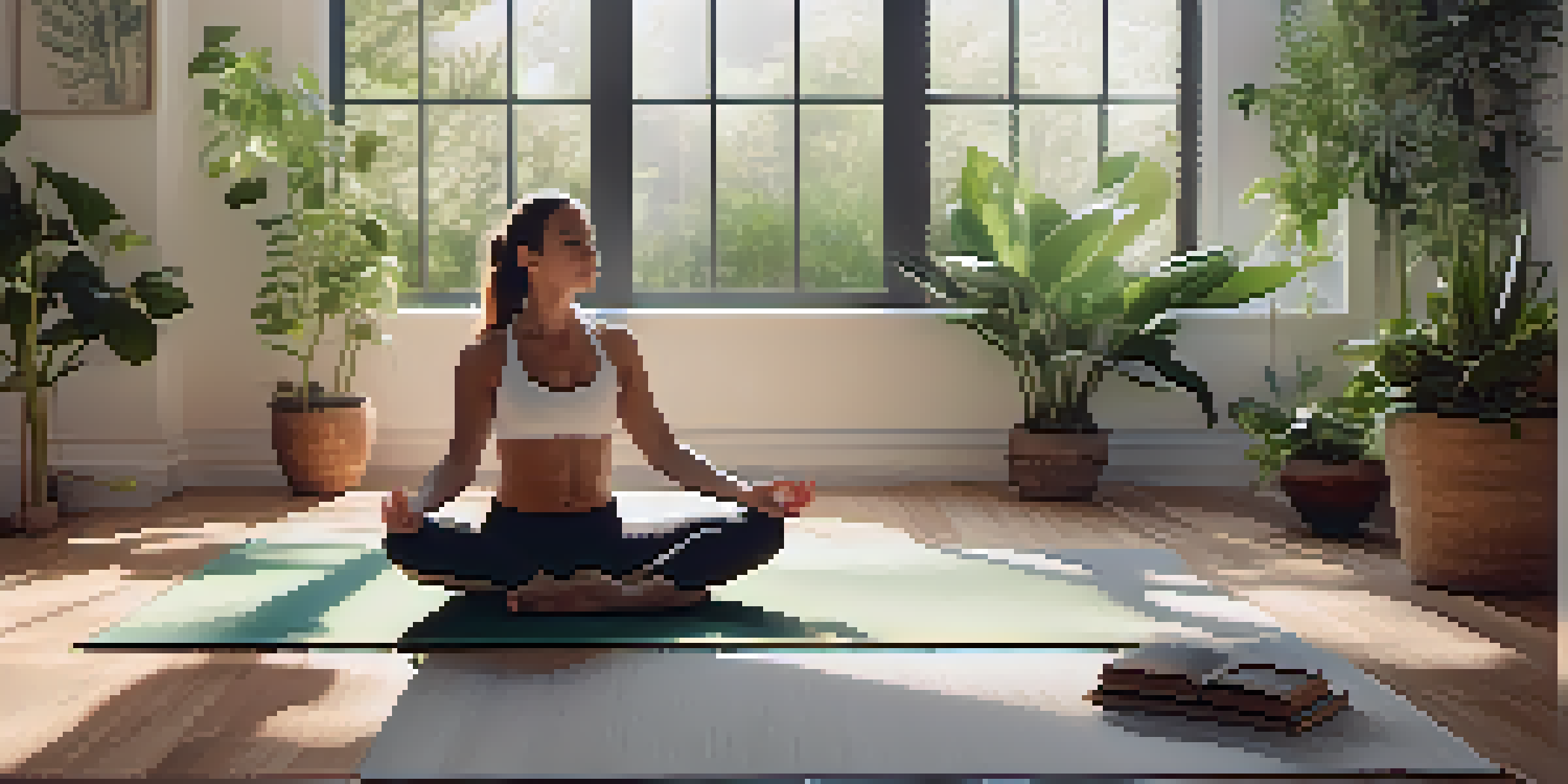 A person practicing breathing exercises on a yoga mat in a soothing indoor environment, with plants and natural light.