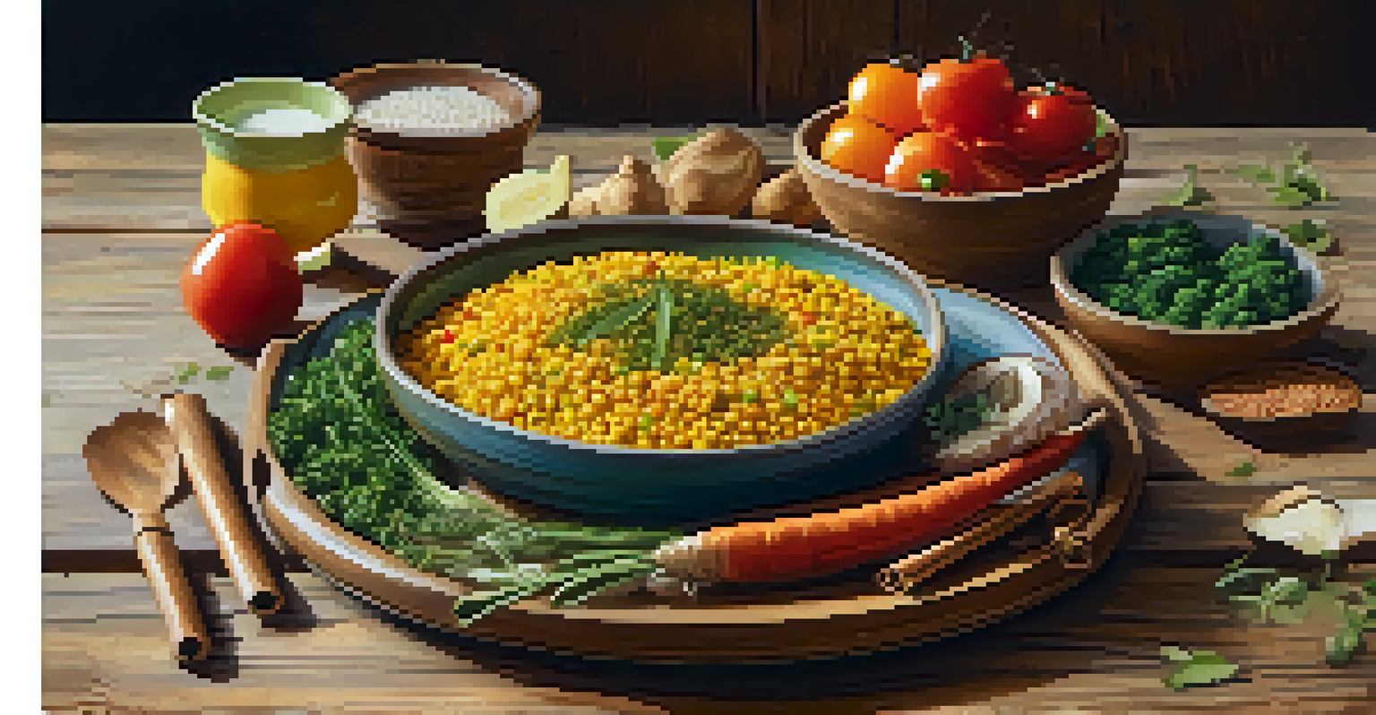 A colorful plate of healthy food including grains, vegetables, and herbs, displayed on a wooden surface.