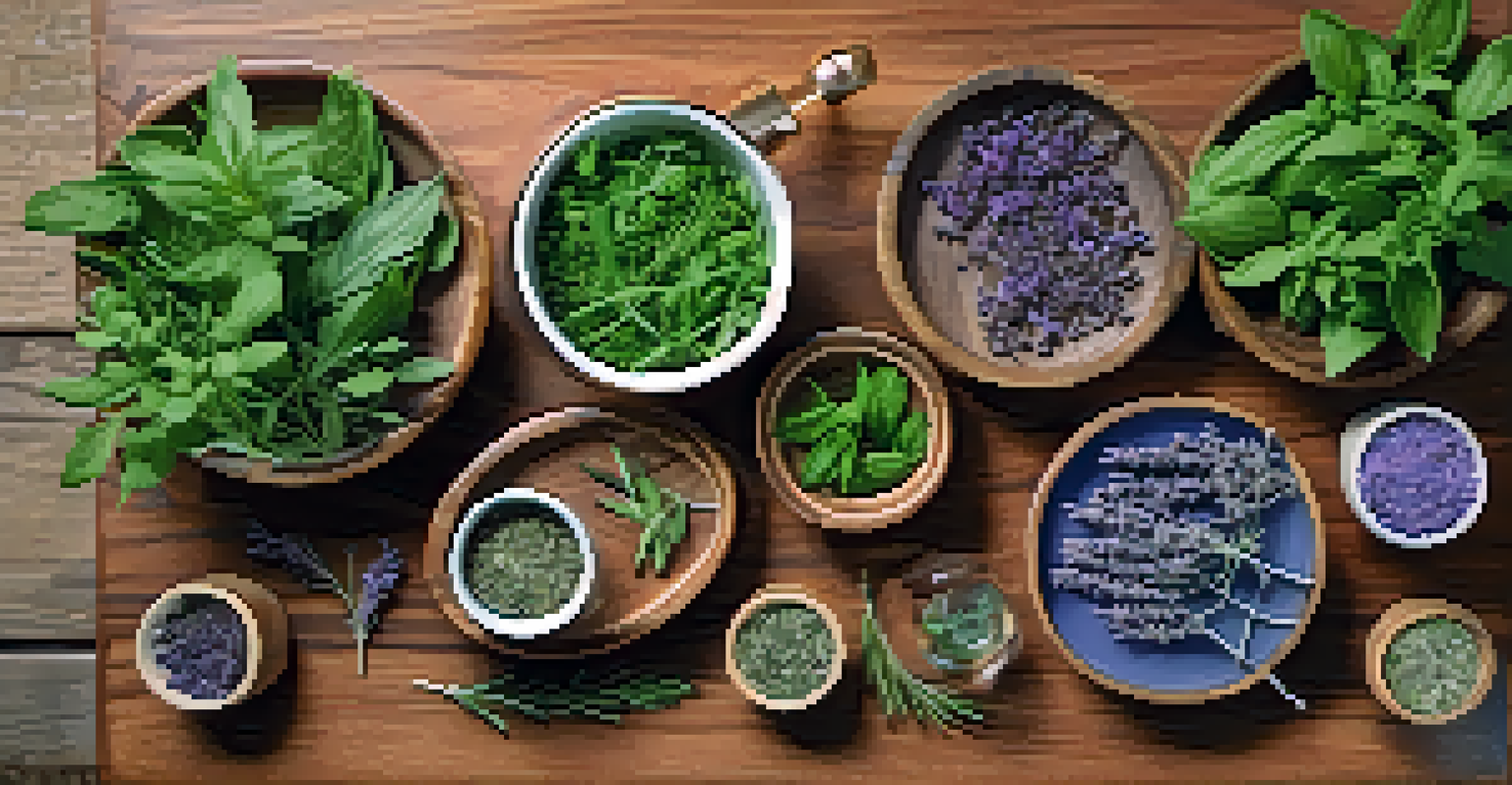 A collection of fresh herbs and plants on a wooden table, including basil and rosemary.