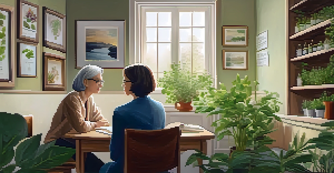 A naturopathic practitioner consulting a young man in a cozy room filled with plants and herbal remedies.