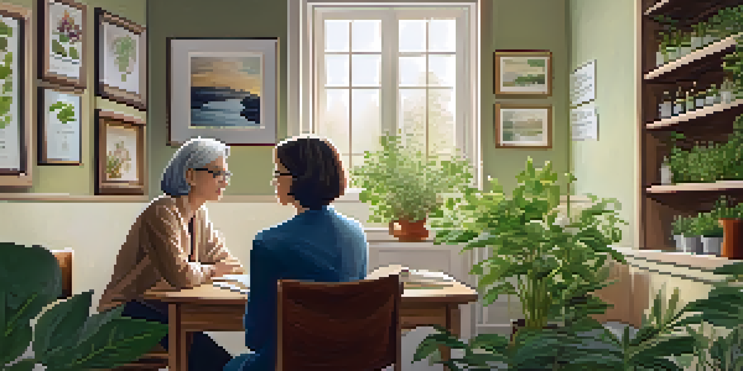 A naturopathic practitioner consulting a young man in a cozy room filled with plants and herbal remedies.