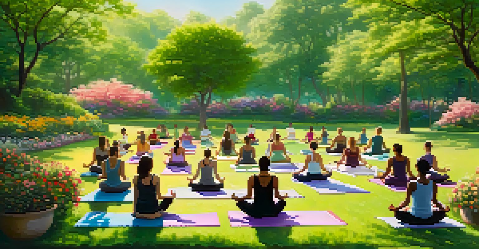 A diverse group of people practicing yoga in a bright green park, surrounded by flowers and trees, under soft sunlight.