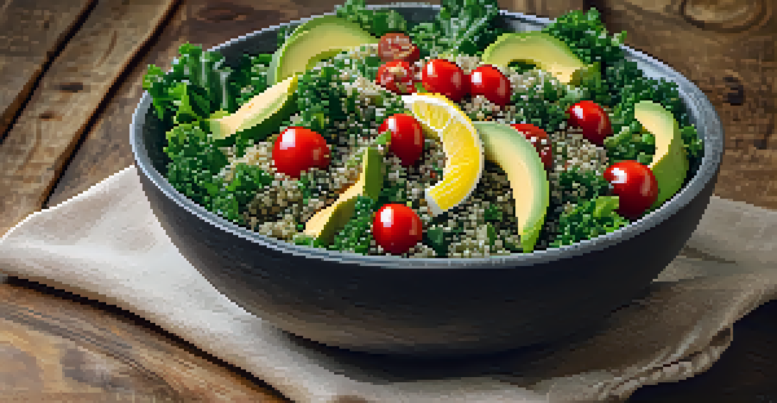 An overhead view of a nutritious salad with kale, quinoa, cherry tomatoes, and avocado in a rustic bowl on a wooden surface.
