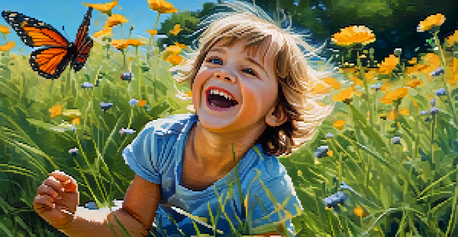 A joyful child playing in a grassy park surrounded by wildflowers and butterflies, showcasing the beauty of nature.