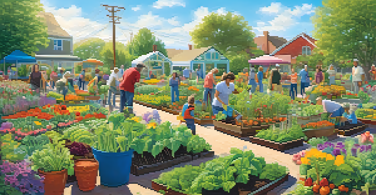 A lively community garden with people working together among colorful plants and flowers under a clear sky.