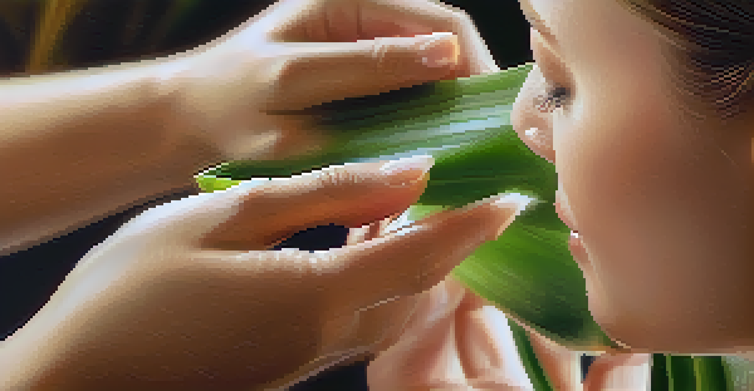 A close-up of a hand applying aloe vera gel on a woman's glowing cheek, with a blurred background emphasizing the skin's texture and natural light.