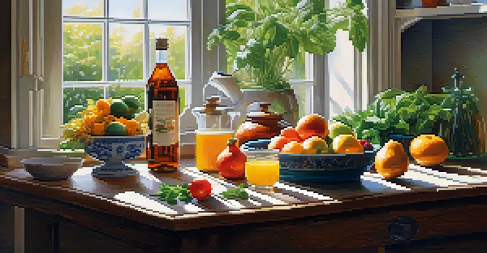 A kitchen filled with fresh fruits and vegetables, sunlight illuminating the bright colors, and a glass of water nearby.