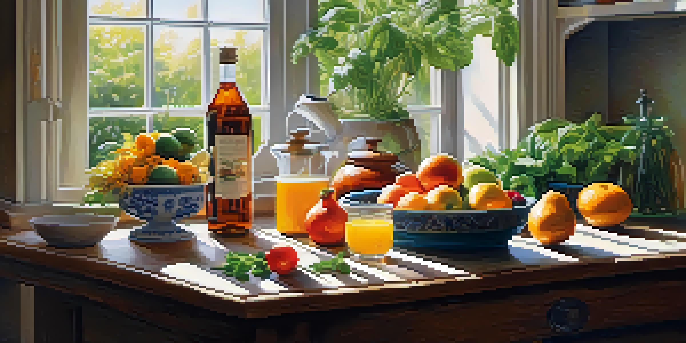 A kitchen filled with fresh fruits and vegetables, sunlight illuminating the bright colors, and a glass of water nearby.