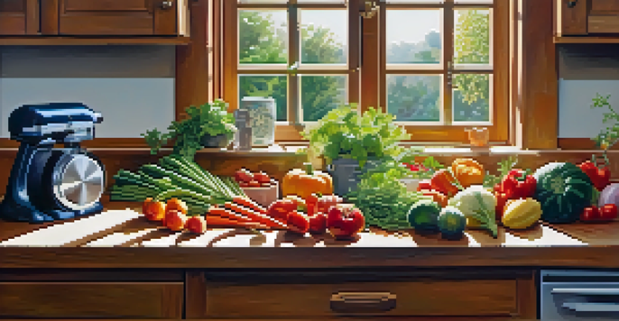 A bright kitchen filled with fresh vegetables and fruits on a wooden countertop, with sunlight coming through a window and a small herb garden in the background.