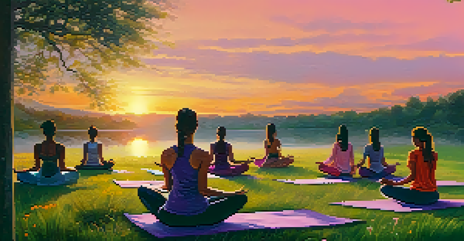 A group of women practicing yoga outdoors at sunset, surrounded by blooming flowers and lush grass under a colorful sky.