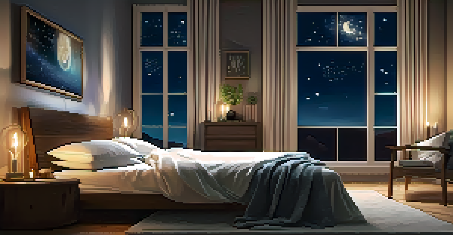 A cozy bedroom with a comfortable bed, candles, and a cup of herbal tea, designed for relaxation and restful sleep.