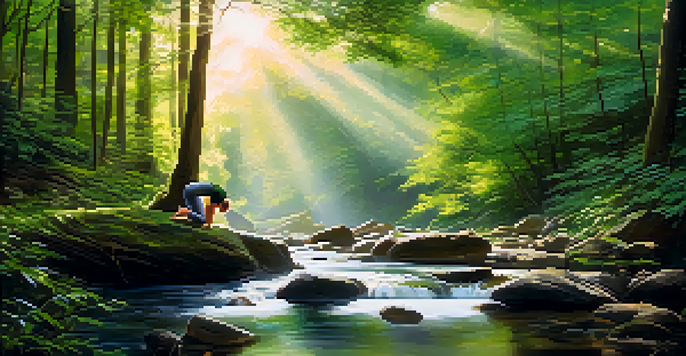 A person practicing yoga on a rock in a peaceful forest with sunlight and a stream nearby.