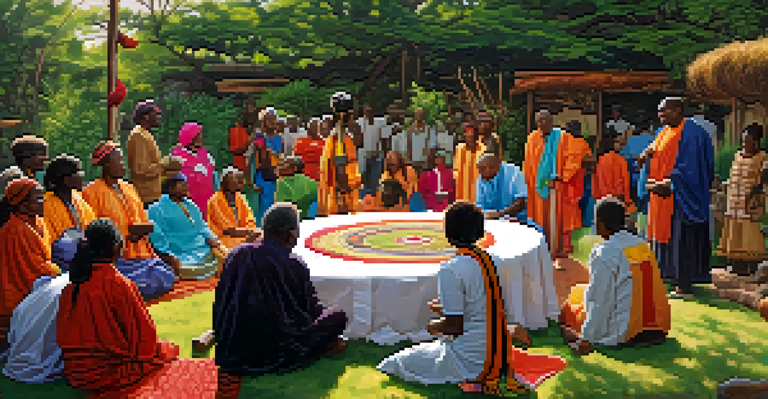 A community gathering in a garden for a traditional healing ceremony, featuring colorful fabrics and people sharing stories.