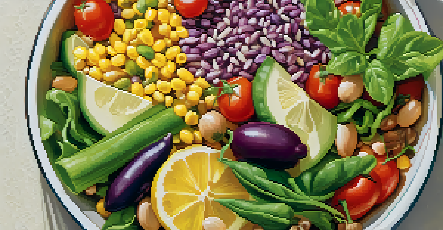 A close-up of a salad bowl filled with colorful vegetables, beans, and whole grains, drizzled with lemon dressing, in bright natural light.