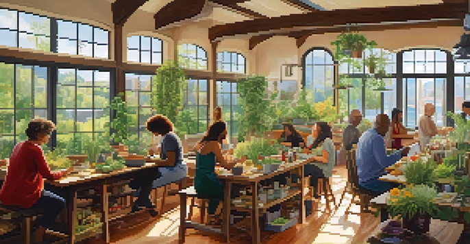 A diverse group of people participating in a community workshop, preparing herbal remedies in a bright, plant-filled room.