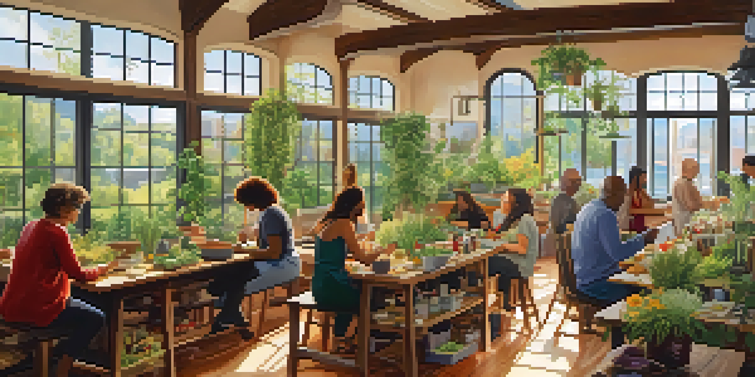 A diverse group of people participating in a community workshop, preparing herbal remedies in a bright, plant-filled room.