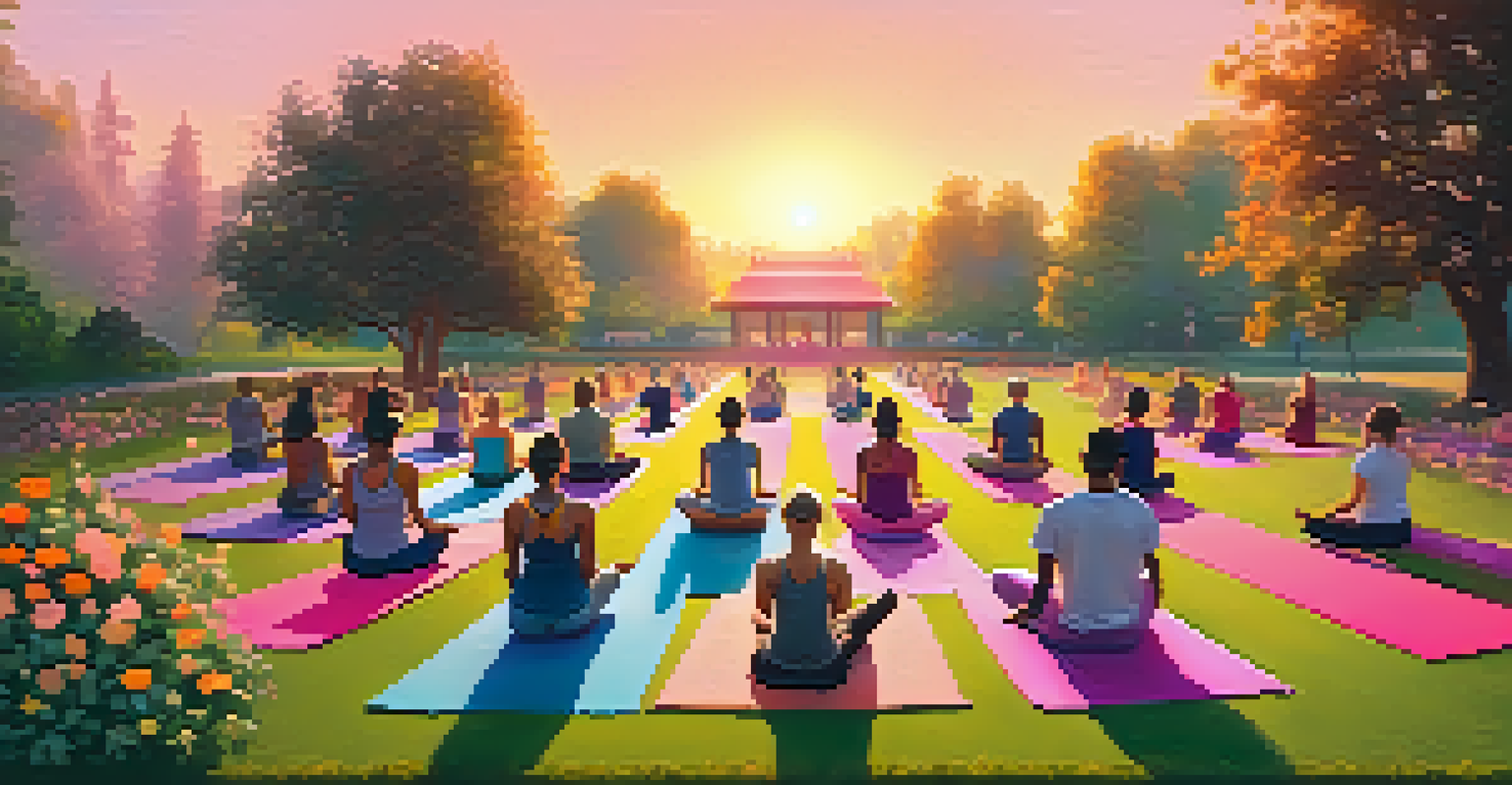 A diverse group of people practicing yoga outdoors at sunset, surrounded by nature, with vibrant mats and a serene atmosphere.