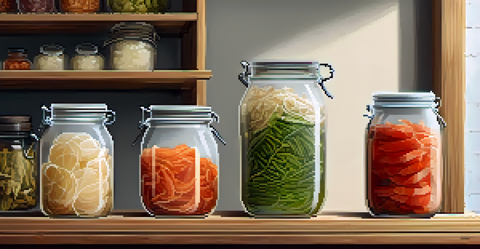 Glass jars filled with fermented foods like kimchi and yogurt on a wooden shelf in a rustic kitchen.