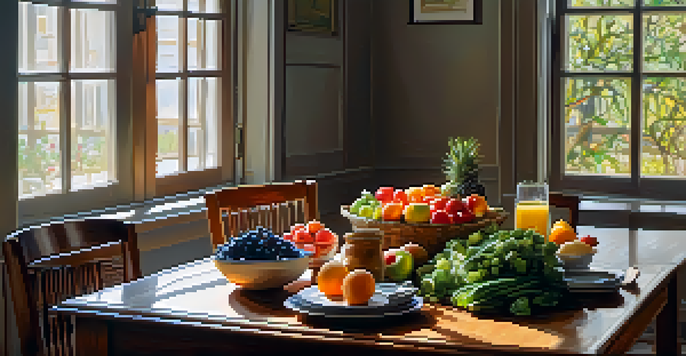 A person sitting at a wooden table surrounded by fresh fruits and vegetables, appreciating their meal in a warm, softly lit environment.