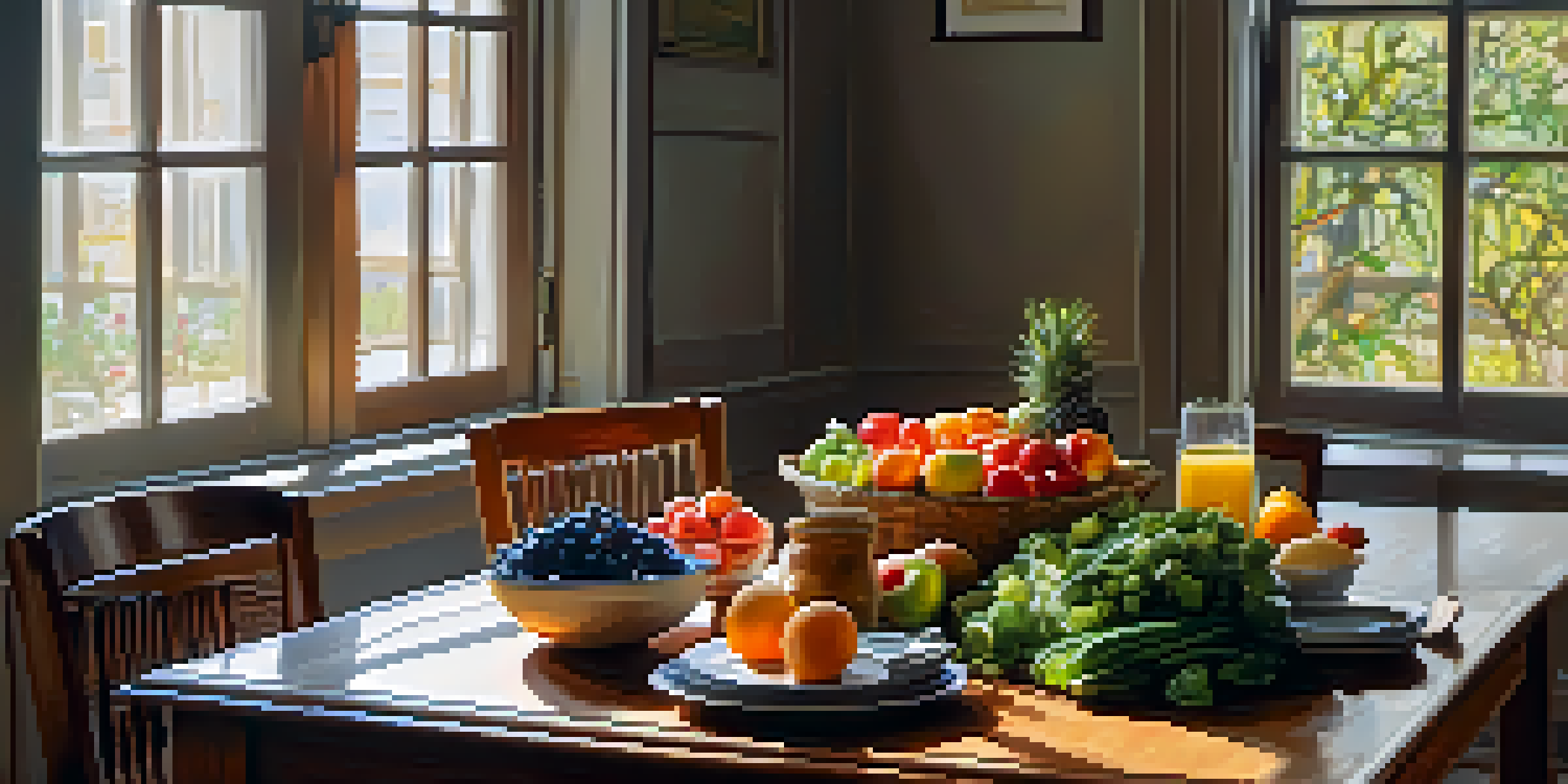 A person sitting at a wooden table surrounded by fresh fruits and vegetables, appreciating their meal in a warm, softly lit environment.