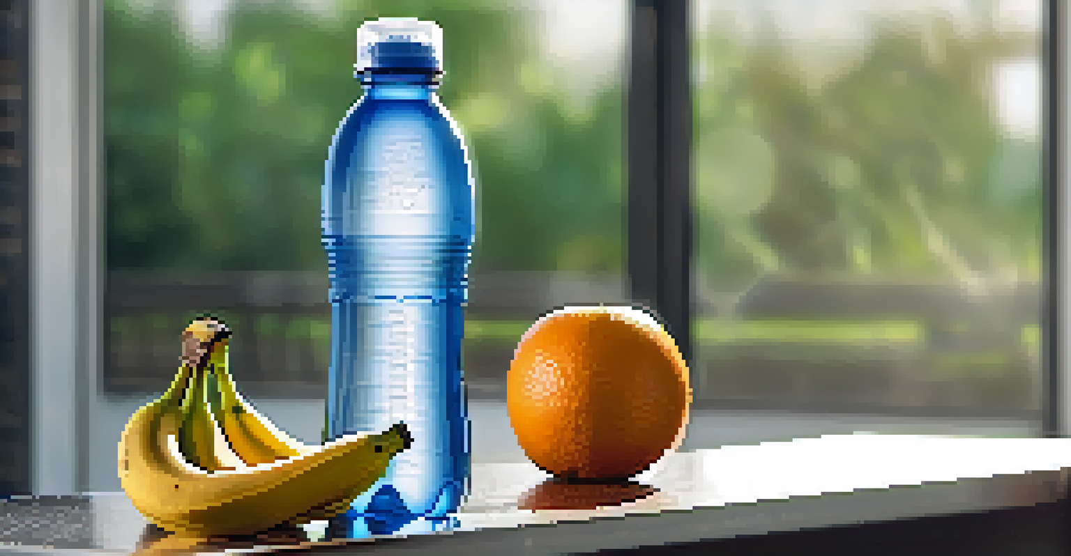 A water bottle on a gym bench with fruits around it, in a softly lit gym environment.