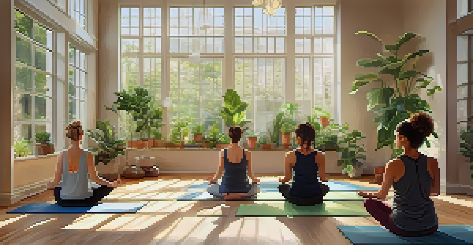 An indoor healing space with potted plants and people practicing yoga together, bathed in natural light from large windows, creating a calming environment.
