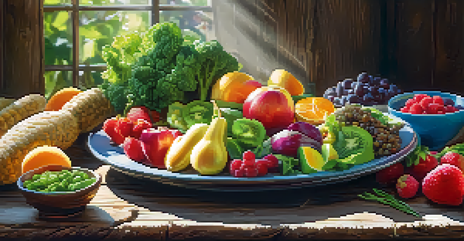 A colorful plate of healthy foods including fruits, vegetables, and protein on a wooden table.