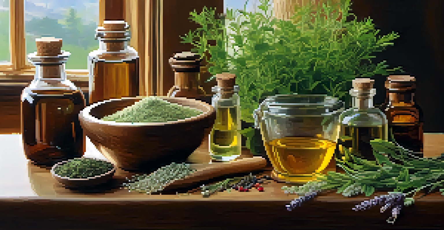 A close-up view of a table with herbal ingredients and essential oils, illuminated by soft sunlight, showcasing a warm and inviting atmosphere.