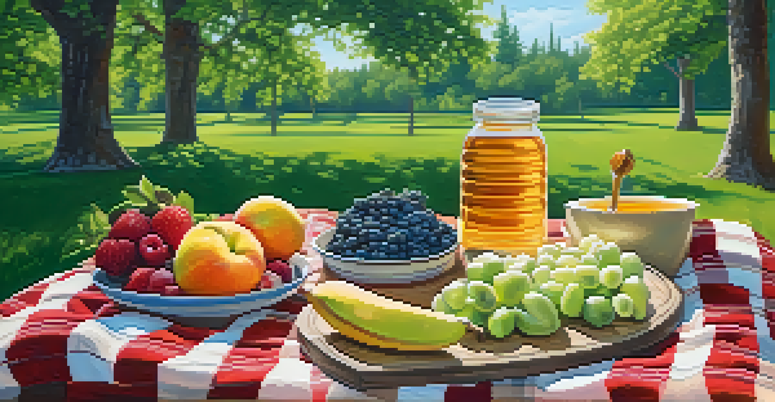 An outdoor picnic in a park with healthy foods and local honey on a checkered blanket.