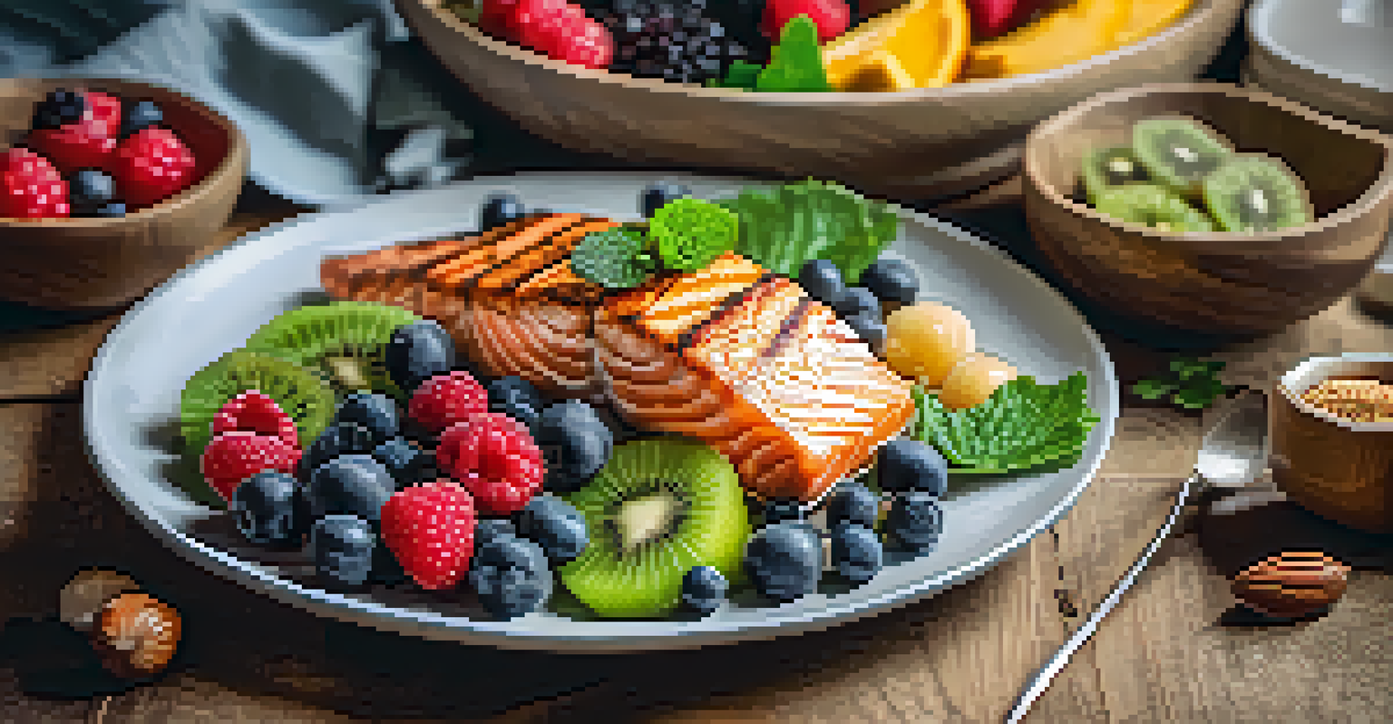 A colorful plate filled with fruits, leafy greens, nuts, and grilled salmon on a rustic wooden table, set in a sunny kitchen.
