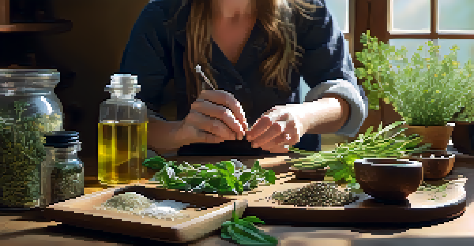 A naturopathic practitioner closely examining herbs and natural remedies on a wooden table, illuminated by sunlight, capturing the textures of the plants.