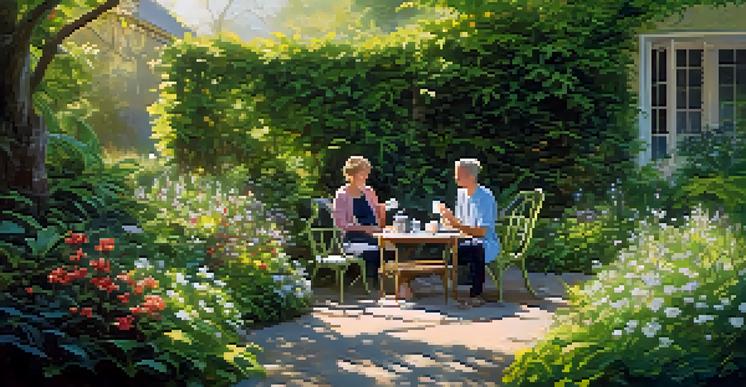 A tranquil garden scene with a patient sitting and sipping herbal tea, surrounded by blooming flowers and greenery under soft sunlight.
