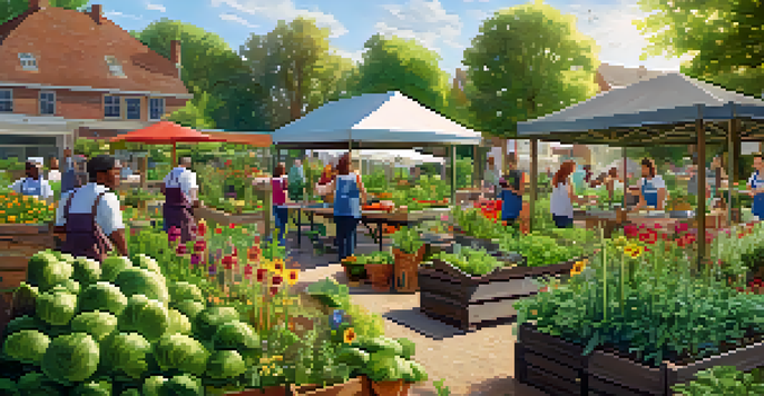 A community garden with people attending a cooking class, surrounded by herbs and vegetables under bright sunlight.