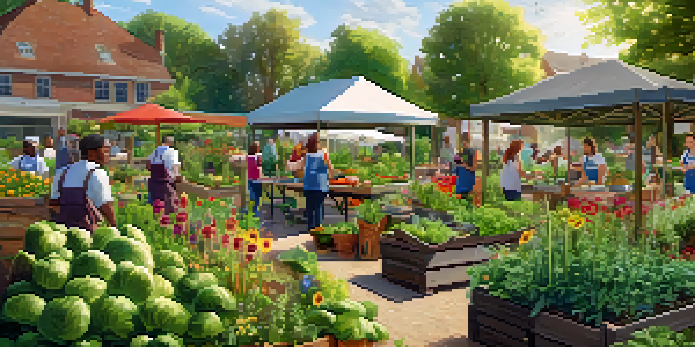 A community garden with people attending a cooking class, surrounded by herbs and vegetables under bright sunlight.