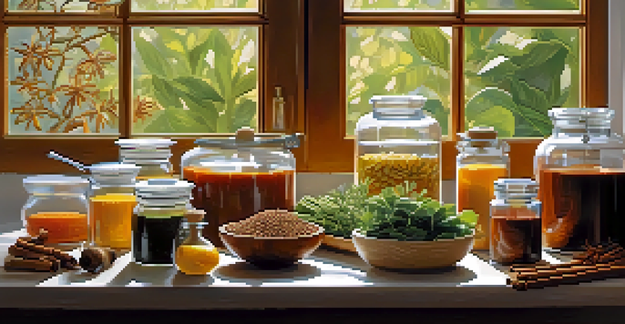 A bright kitchen with a wooden table displaying herbal supplements in glass jars, sunlight shining through a window, and fresh produce in the background.