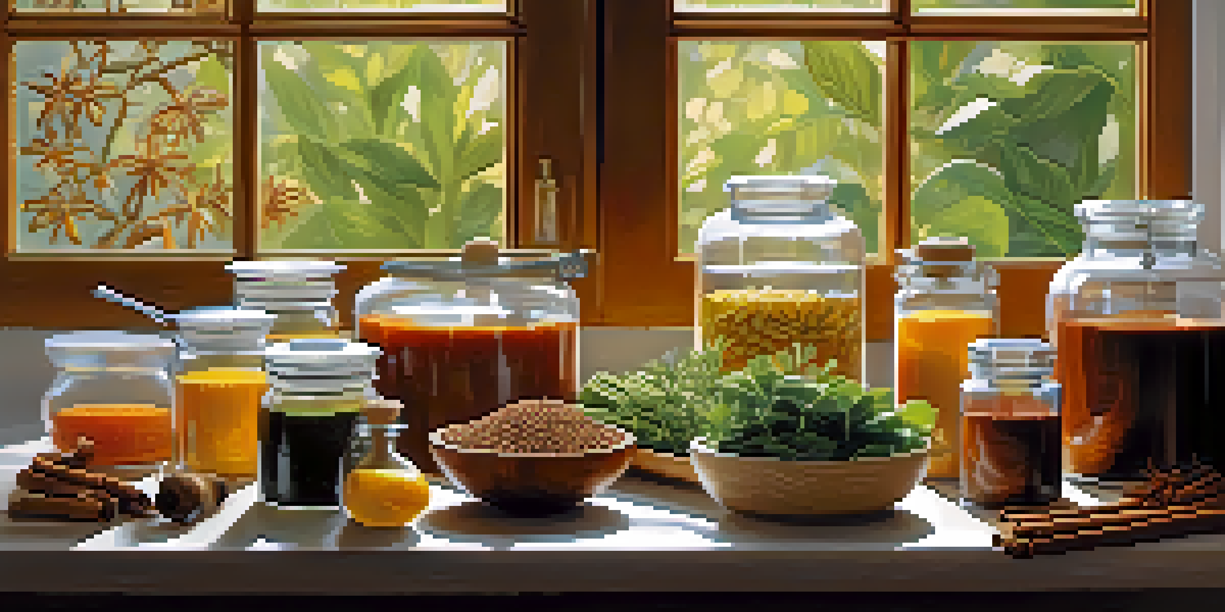 A bright kitchen with a wooden table displaying herbal supplements in glass jars, sunlight shining through a window, and fresh produce in the background.