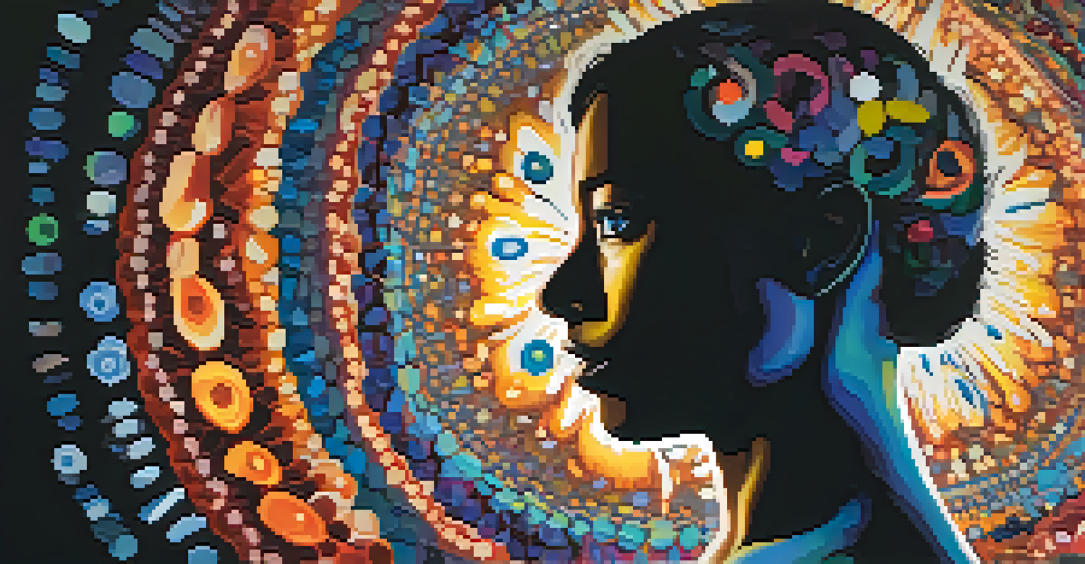 A silhouette of a human figure with a glowing gut and bright eyes, surrounded by colorful abstract patterns, illustrating the connection between gut and eye health.