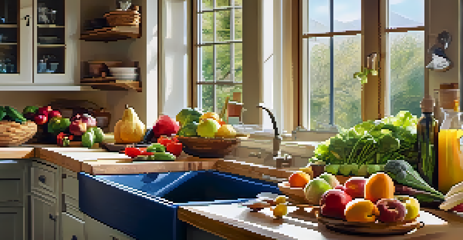 A bright kitchen with fresh fruits and vegetables on the countertop, sunlight streaming through the window, illustrating the significance of nutrition in health.