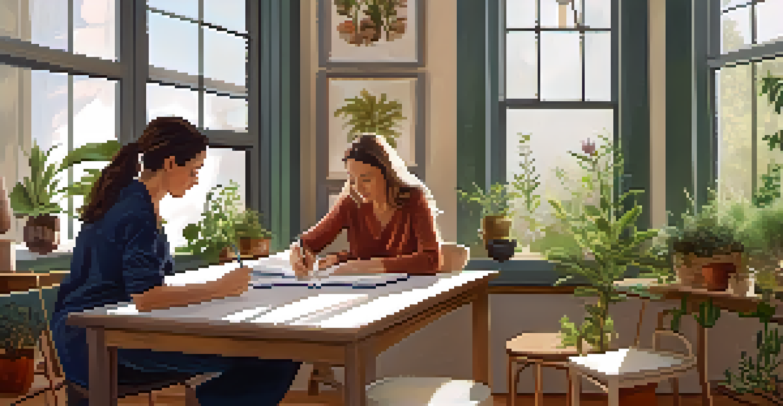 A cozy naturopath's office with a naturopath and patient discussing health, surrounded by plants and herbal remedies on the table.