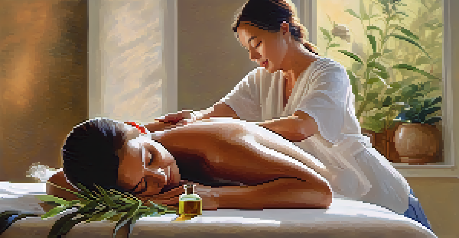 A massage therapist applying essential oils to a client's back in a peaceful setting with soft lighting and aromatic plants.