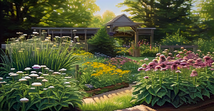 A peaceful herbal garden filled with various medicinal plants, illuminated by warm sunlight.