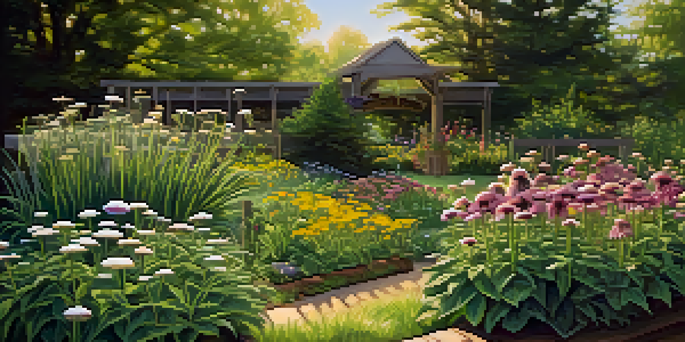 A peaceful herbal garden filled with various medicinal plants, illuminated by warm sunlight.