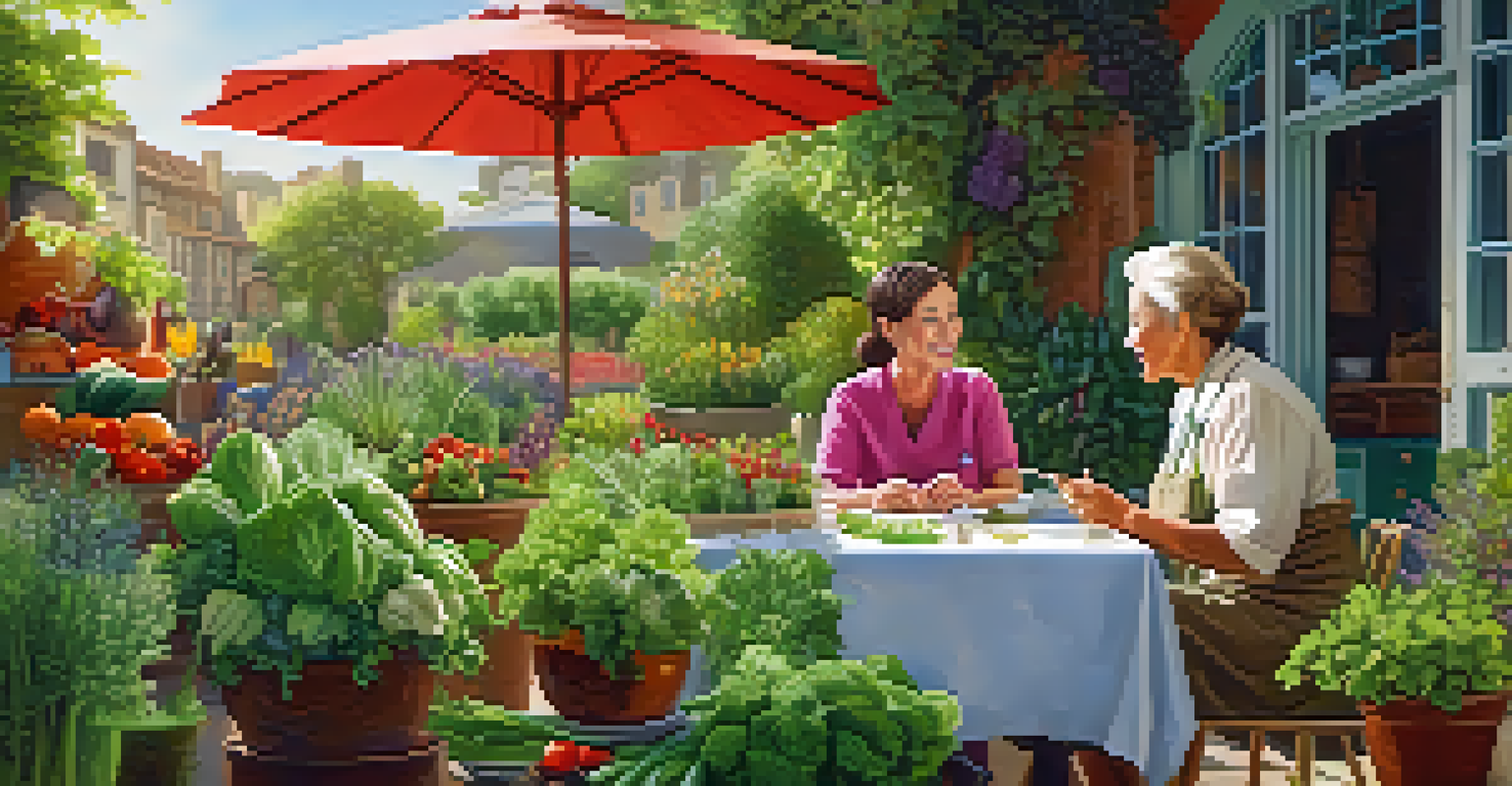 A naturopathic practitioner consulting with a patient in a sunny garden surrounded by herbs and vegetables.