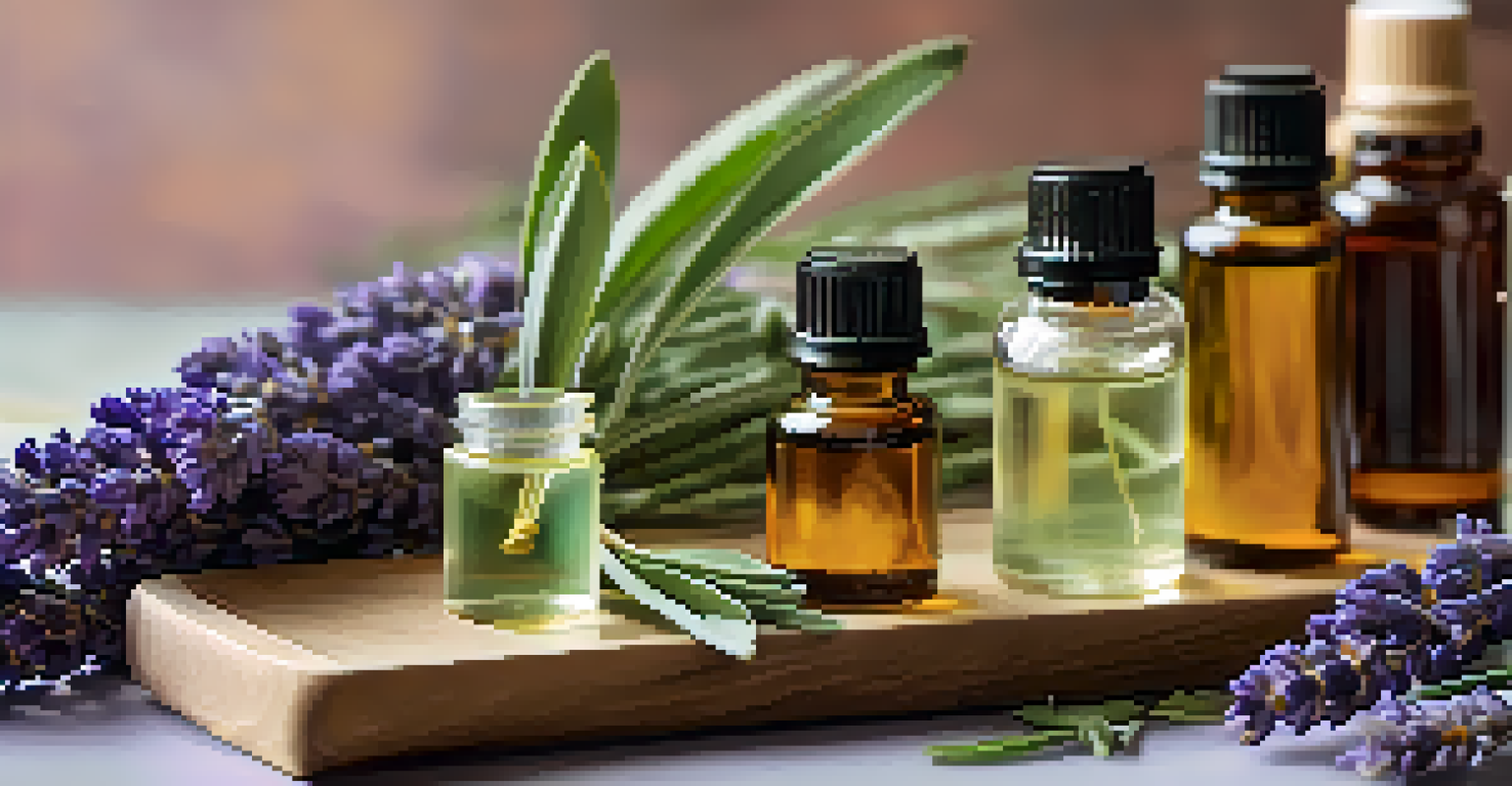 A skincare display with essential oils, fresh lavender, and tea tree leaves, beautifully arranged and softly blurred in the background.
