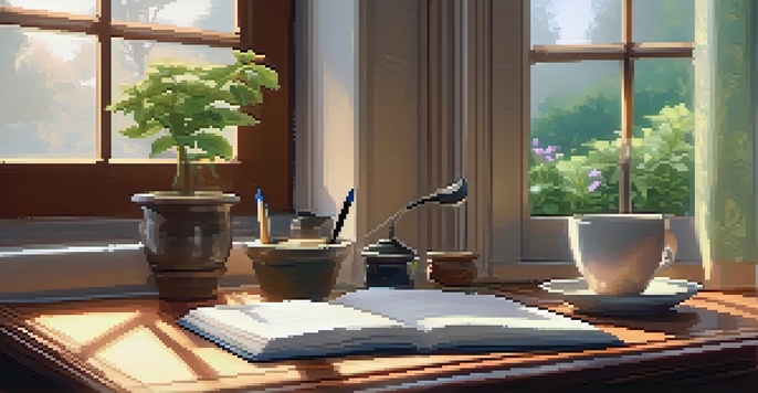 A peaceful desk with an open journal and a pen, accompanied by a potted plant and a cup of tea, with a garden view outside the window.