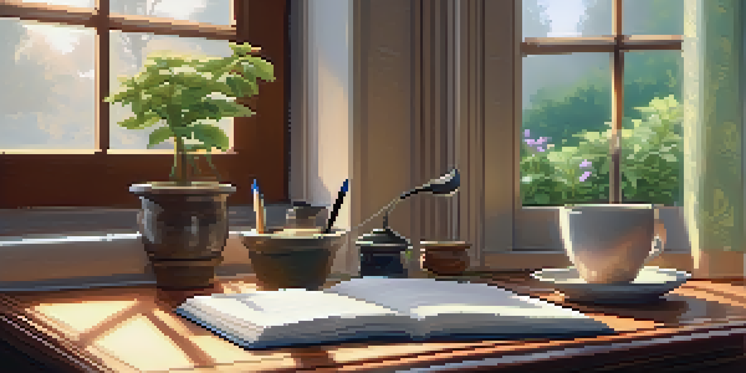 A peaceful desk with an open journal and a pen, accompanied by a potted plant and a cup of tea, with a garden view outside the window.