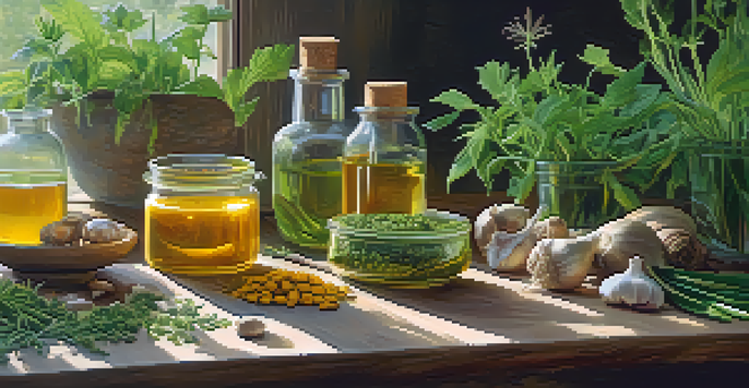A peaceful herbal garden showcasing different medicinal plants with a wooden table displaying herbal tinctures and fresh herbs.