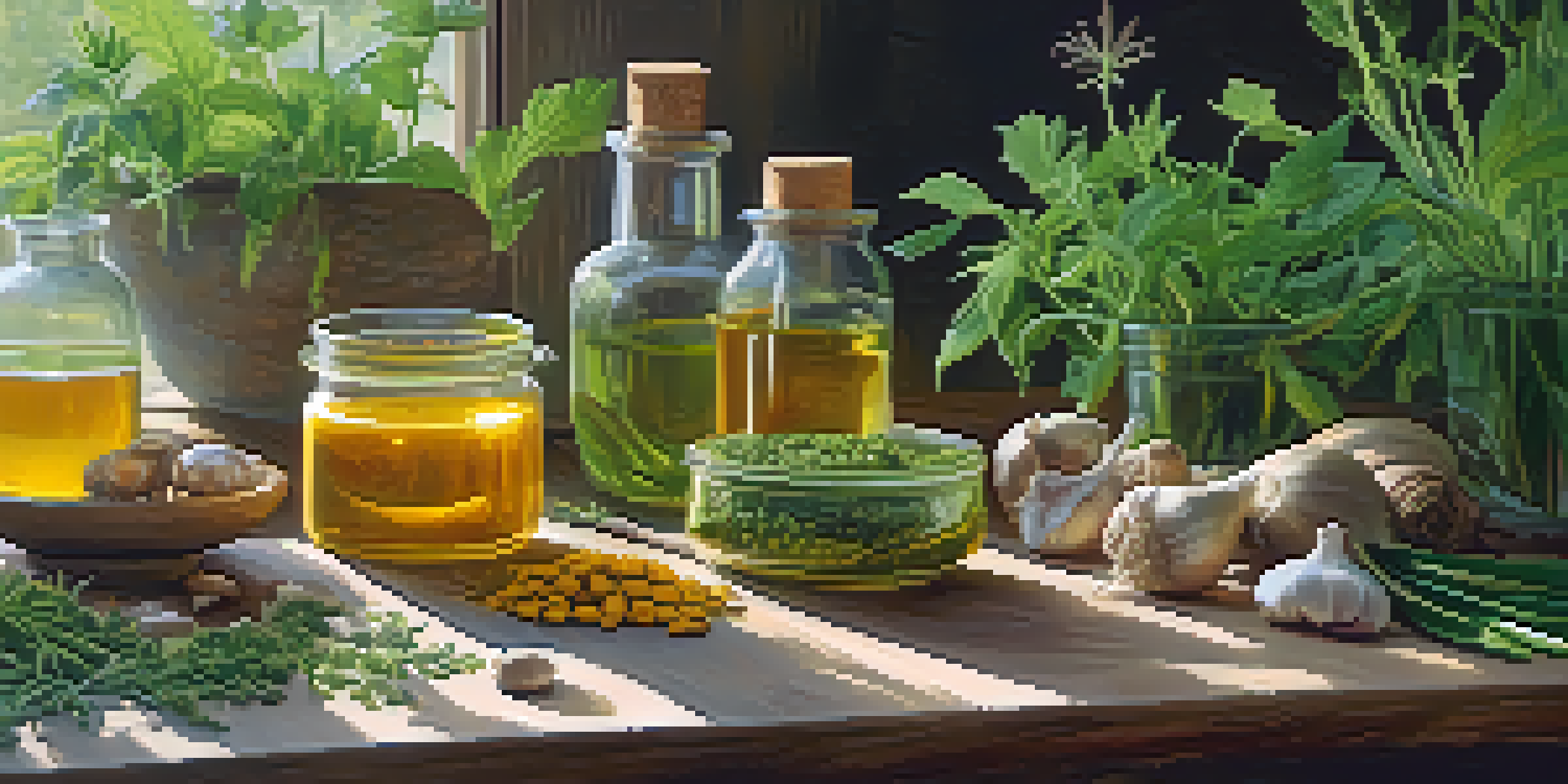 A peaceful herbal garden showcasing different medicinal plants with a wooden table displaying herbal tinctures and fresh herbs.
