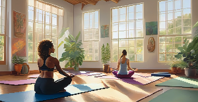 A group of diverse individuals practicing yoga in a bright studio filled with plants and natural light.