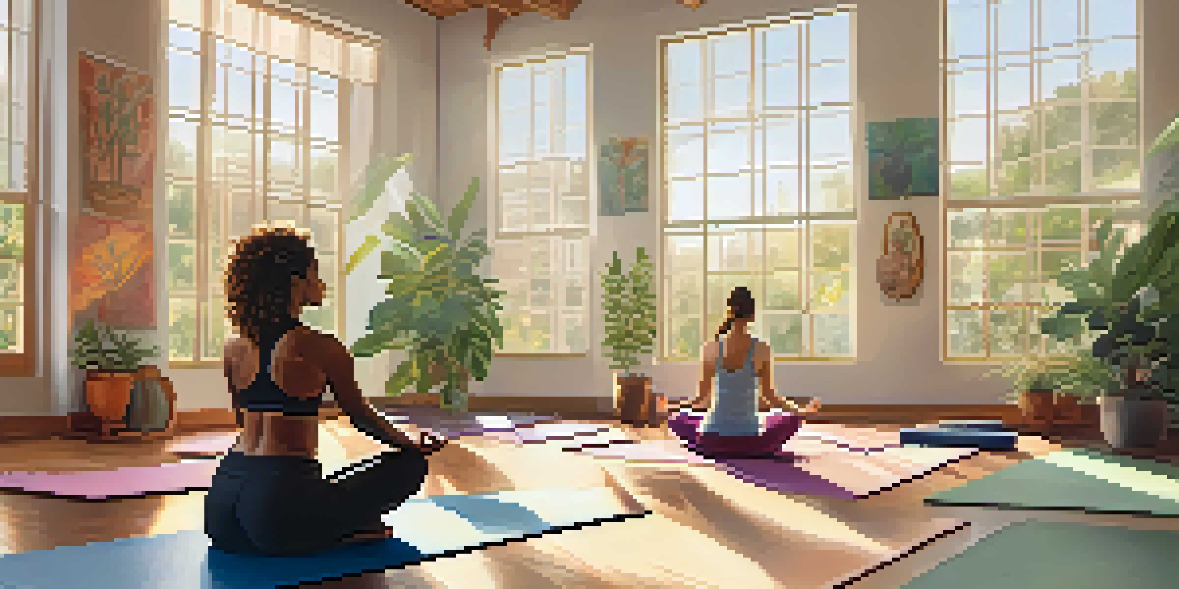 A group of diverse individuals practicing yoga in a bright studio filled with plants and natural light.
